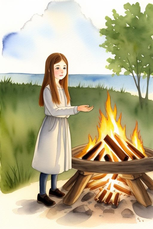 girl by the fire in watercolor style 1